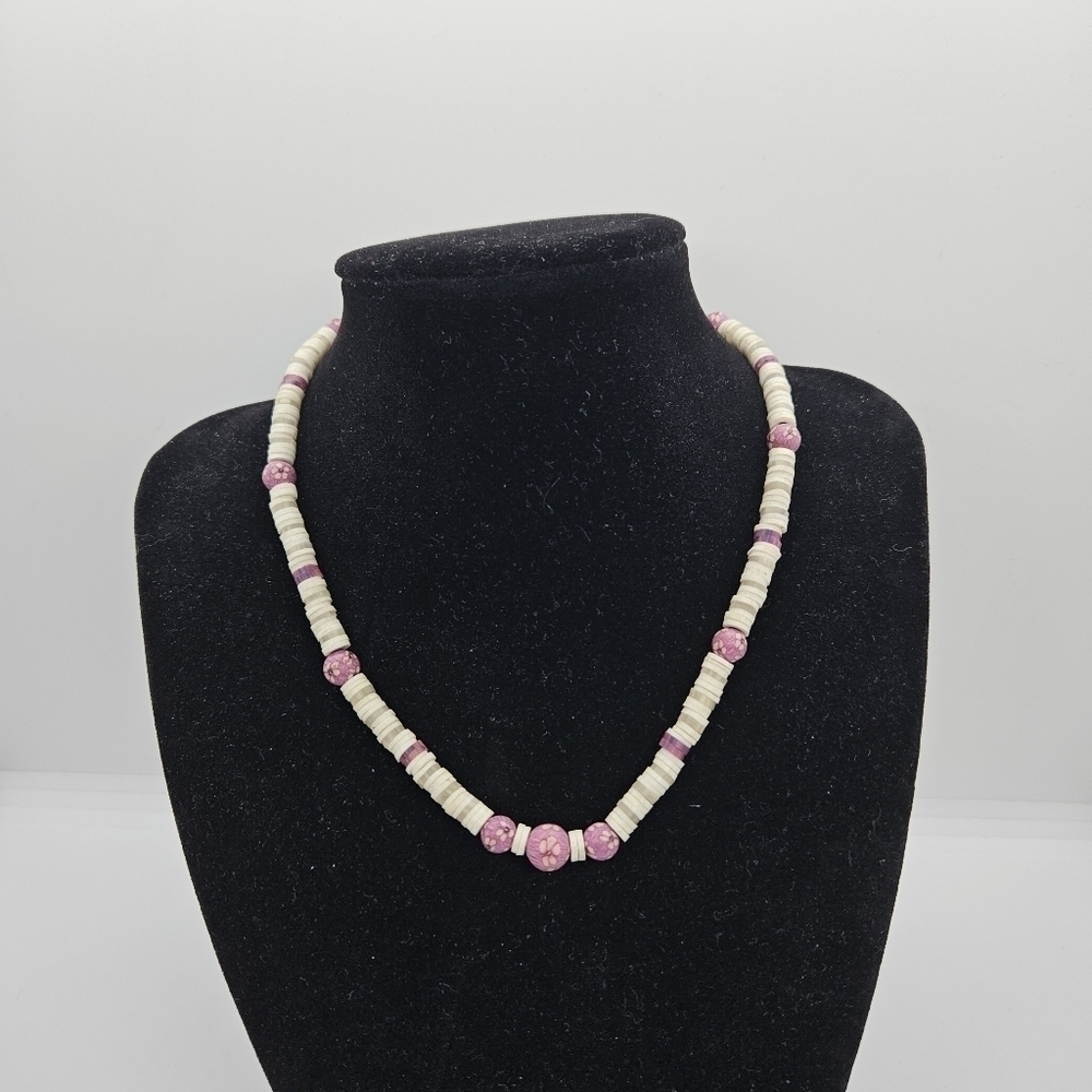 heshi bead necklace with pink purple flower polymer beads